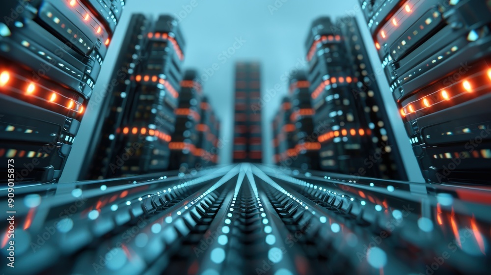 Obraz premium A futuristic cityscape of servers with glowing lights, symbolizing the power and scale of data storage and processing.