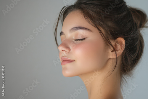 A close up of a girl's face with her eyes closed