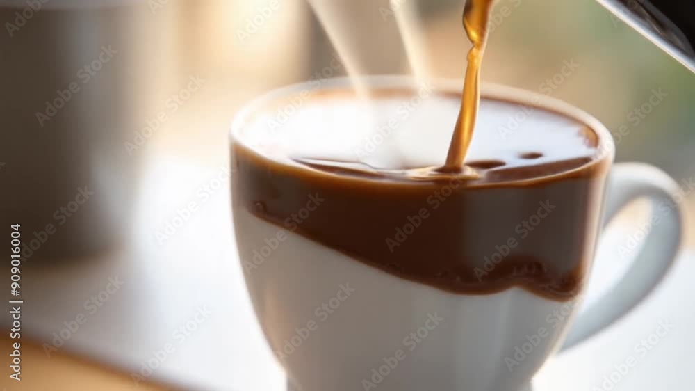 Extreme close-up of coffee being poured into a cup, steam rising, rich aroma, detailed motion Extreme close-up of coffee being poured into a cup, steam rising, rich aroma, detailed motion