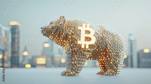 A glowing Bitcoin bear market symbol stands against a city skyline. photo