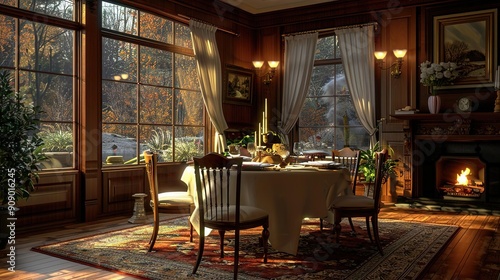 Cozy Dining Room with Fireplace and Window View - 3D Illustration