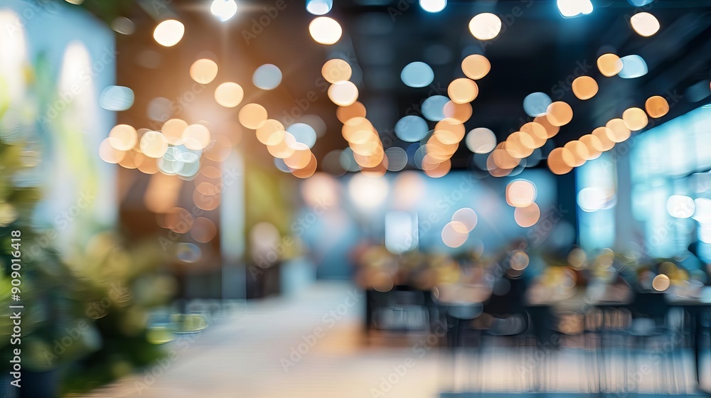 Blurred background of a restaurant with string lights and people dining. Blurred background of a restaurant with string lights and people dining.
