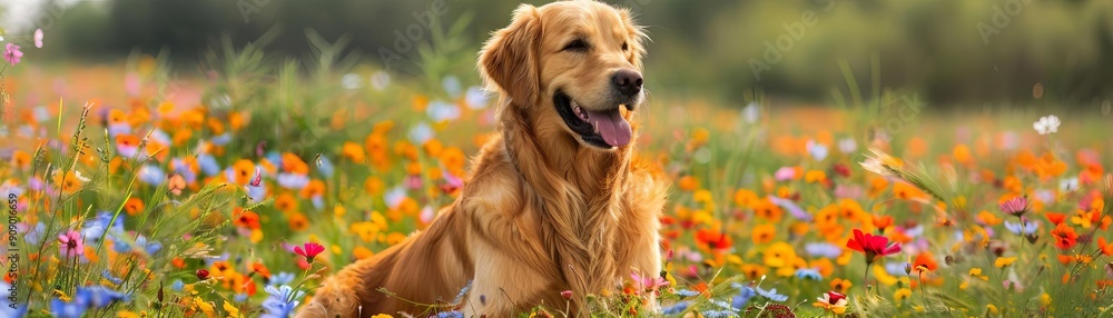 Obraz premium Golden retriever sitting happily in a field of vibrant flowers, exuding warmth and contentment on a bright, sunny day with copy space, professional color grading with copy space