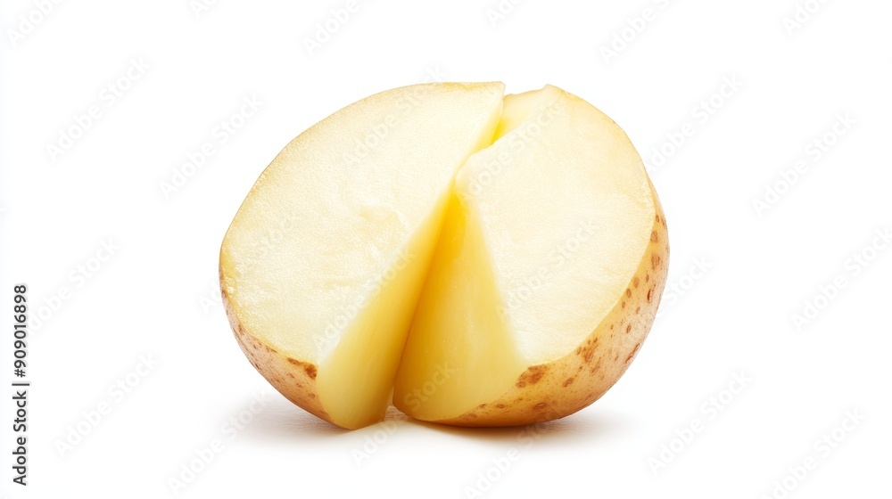 Close-up of a potato cut lengthwise, showcasing the fine details of its skin and flesh. Isolated on a white background for a clean, crisp effect Close-up of a potato cut lengthwise, showcasing the fine details of its skin and flesh. Isolated on a white background for a clean, crisp effect
