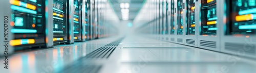 A long hallway lined with server racks in a data center. photo