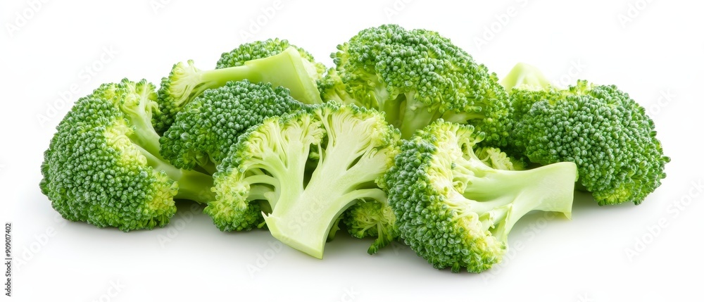 Close-up of broccoli florets and stems sliced diagonally, showing the varying textures and shades of green. Fresh and isolated on white Close-up of broccoli florets and stems sliced diagonally, showing the varying textures and shades of green. Fresh and isolated on white
