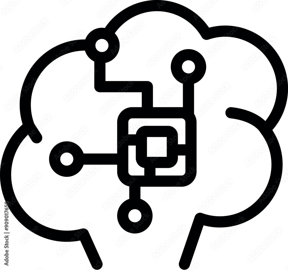Line art icon of a cloud computing network connecting an electronic circuit to a brain symbol, representing artificial intelligence Line art icon of a cloud computing network connecting an electronic circuit to a brain symbol, representing artificial intelligence