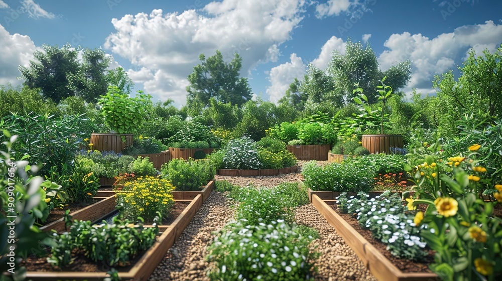 3D Illustration of a Lush Garden with Flowers, Plants, and Trees 3D Illustration of a Lush Garden with Flowers, Plants, and Trees