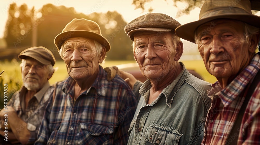 A group of four smiling elderly farmers standing next to vintage tractors in a rural field at sunset, wearing hats and looking at the camera. An idyllic close-up capturing the essence of rural life.
A group of four smiling elderly farmers standing next to vintage tractors in a rural field at sunset, wearing hats and looking at the camera. An idyllic close-up capturing the essence of rural life.