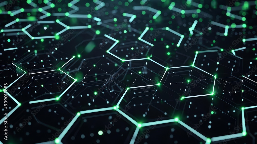 Obraz premium Abstract futuristic technology background with glowing green hexagonal grid.