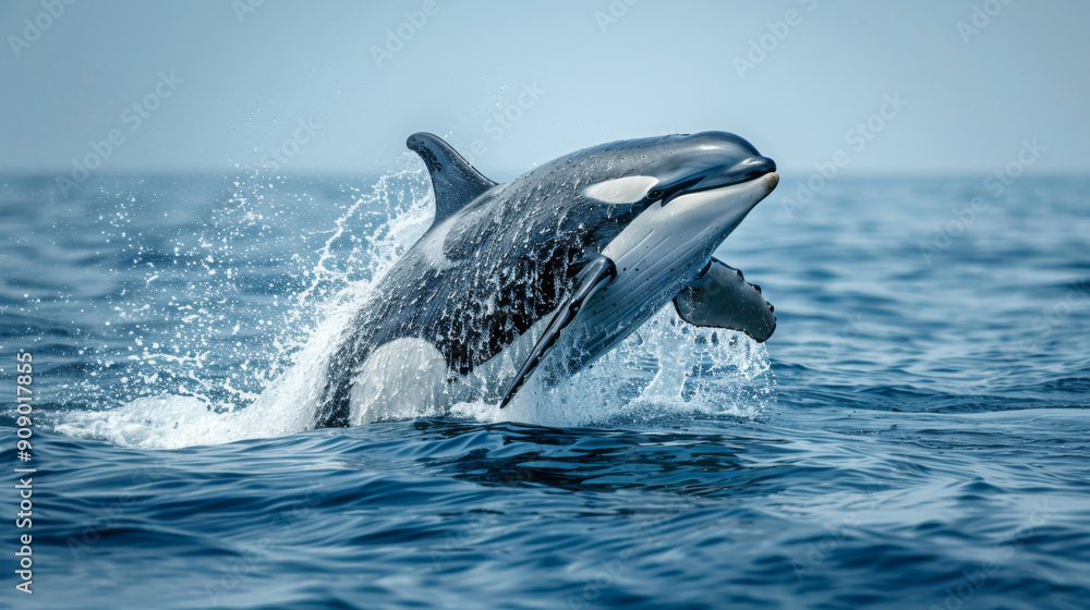 Obraz premium Killer whale jumping out of the sea. Close-up of the sea animal.