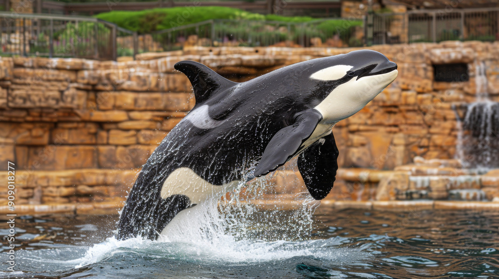 Obraz premium Killer whale jumping out of the sea. Close-up of the sea animal.