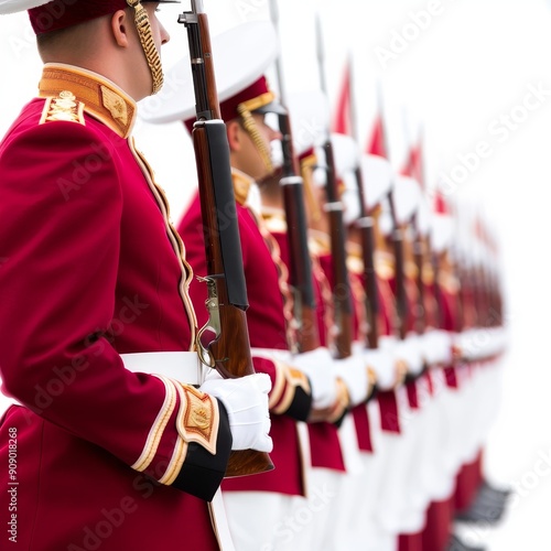 A row of honor guards in elegant uniforms, standing proud with rifles during a ceremonial event, showcasing discipline and tradition.