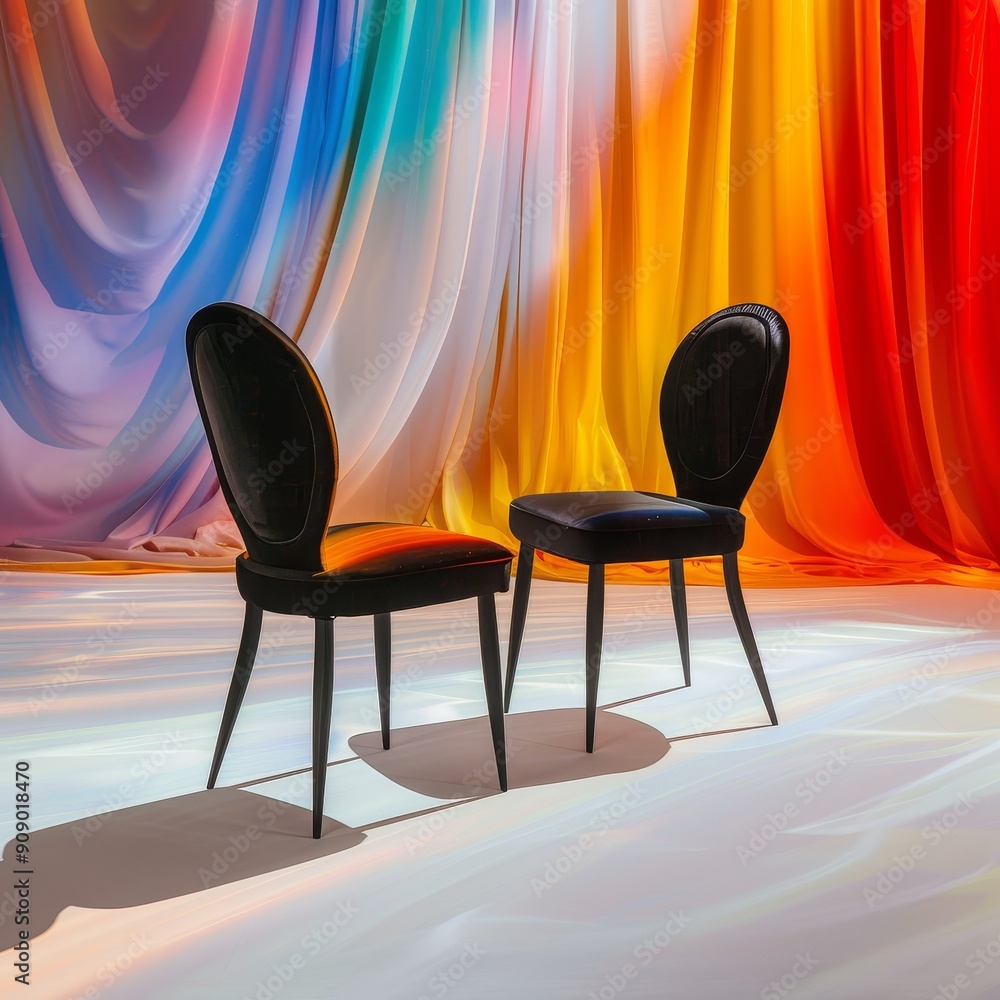 Elegant black chairs positioned against a vibrant, colorful background, creating a striking and artistic composition. Elegant black chairs positioned against a vibrant, colorful background, creating a striking and artistic composition.