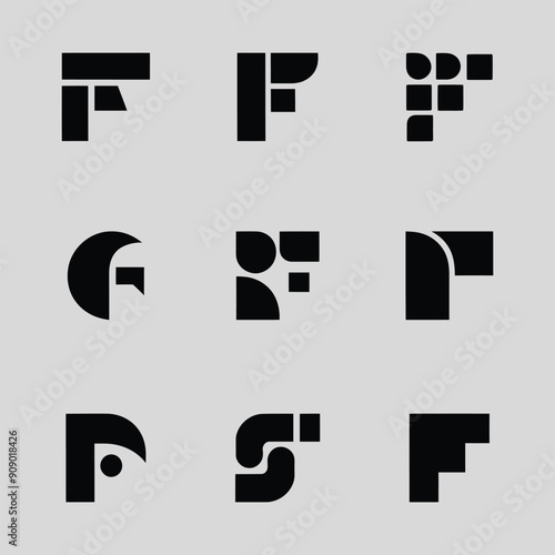 Minimalist letter F shape logo pack, Minimal alphabet letter F logo collection 
