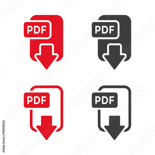 Pdf download icon on white background. Vector isolated PDF file icon set. Information, text document, upload, folder, pdf file, private, book, note. Data set concept. Vector icon in line, black