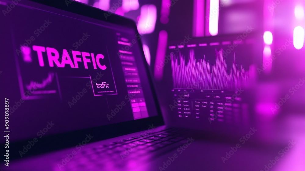 Closeup screen of the laptop or notebook device, displaying the colorful website traffic metrics, Closeup screen of the laptop or notebook device, displaying the colorful website traffic metrics,