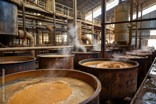 Sugar refinery processing raw sugar cane in large vats, creating a sweet and aromatic steam