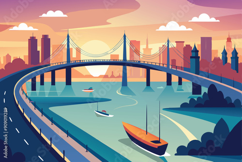 Bridge road spanning a wide river K.eps