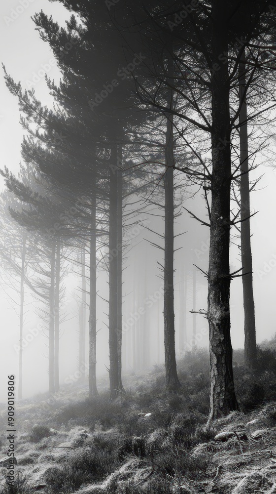 Fototapeta premium Tall trees rise from the ground, enveloped in a swirling mist that blankets the forest, creating an ethereal morning atmosphere