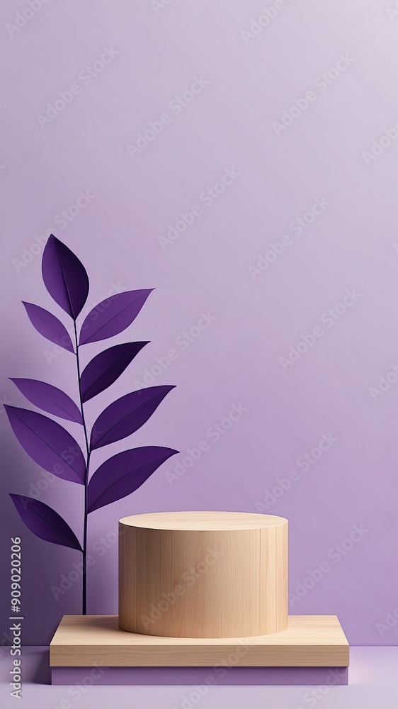 Abstract minimal scene with geometric forms. wood podium in purple background with leaves Abstract minimal scene with geometric forms. wood podium in purple background with leaves