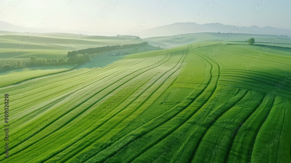 Aerial view of a vast green field with rolling hills and a hazy morning sky. The image evokes a sense of peace and tranquility. Aerial view of a vast green field with rolling hills and a hazy morning sky. The image evokes a sense of peace and tranquility.