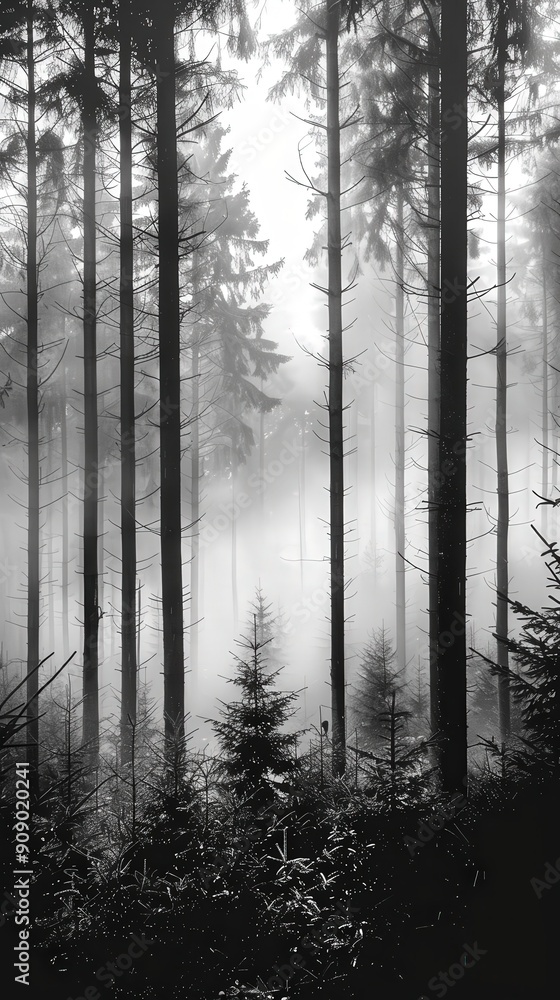 Tall trees emerge from a blanket of fog, creating a tranquil atmosphere in the forest during early morning light Tall trees emerge from a blanket of fog, creating a tranquil atmosphere in the forest during early morning light