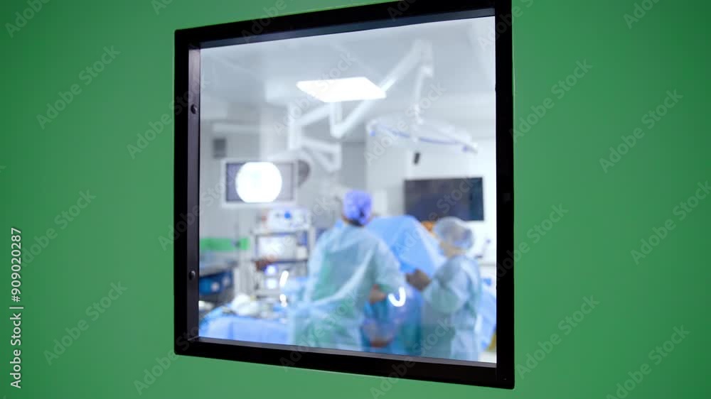 Light green door with square window to modern operational room. Surgeon and scrub nurse work at the operating table. Blurred backdrop. Light green door with square window to modern operational room. Surgeon and scrub nurse work at the operating table. Blurred backdrop.