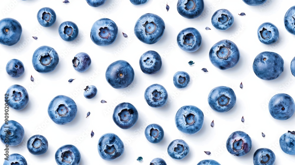 Fresh blueberries scattered on a white background, with some cut in half revealing juicy interiors and small seeds. Detailed texture emphasized Fresh blueberries scattered on a white background, with some cut in half revealing juicy interiors and small seeds. Detailed texture emphasized
