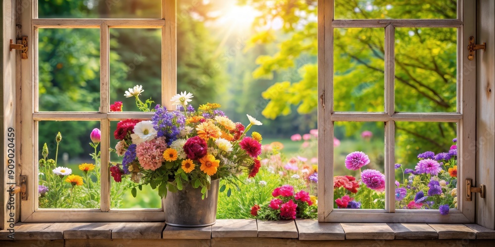 Fototapeta premium Vintage window with vibrant summer flowers in bloom , vintage, window, flowers, summer, blooming, rustic, antique, old