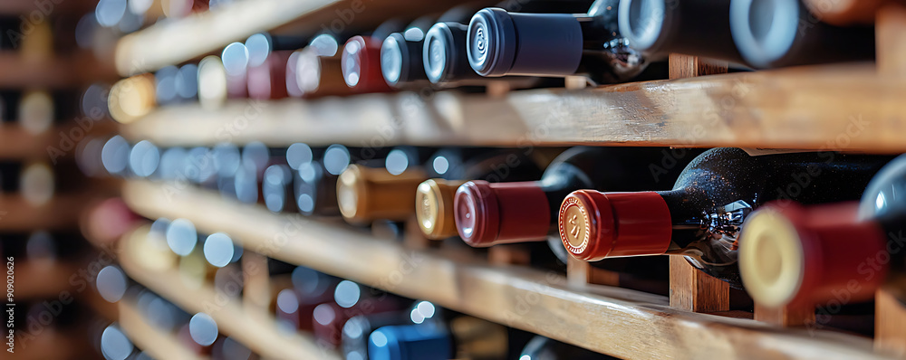Wine cellar full of wine bottles. Bottles with wine on shelf in the wine bar bluured background