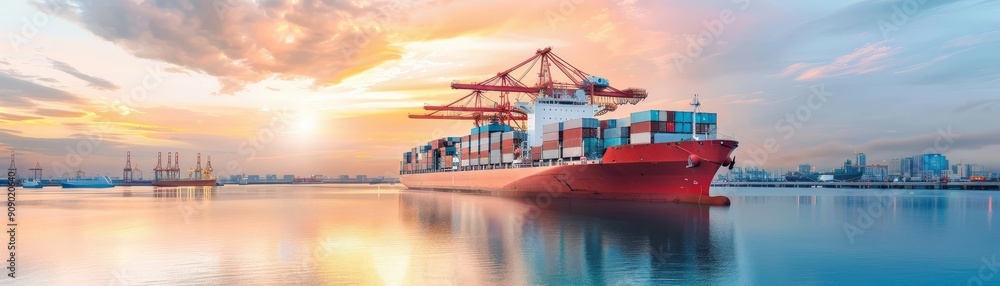 Cargo ship at sunset, with colorful sky and calm water. Cargo ship at sunset, with colorful sky and calm water.
