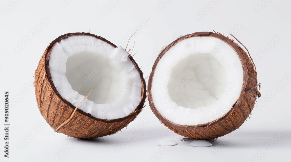 Fresh coconut halves, vibrant white flesh against a pure white background. The shell texture detailed, with water droplets on the surface Fresh coconut halves, vibrant white flesh against a pure white background. The shell texture detailed, with water droplets on the surface