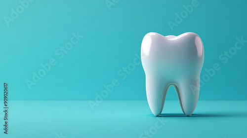 white 3D tooth stands alone against a blank background, symbolizing dental health, cleanliness, and care. Ideal for concepts related to oral hygiene, dental treatments, or health awareness photo