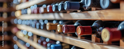 Obraz na płótnie Wine cellar full of wine bottles. Bottles with wine on shelf in the wine bar bluured background w salonie
