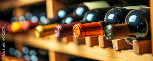 Wine cellar full of wine bottles. Bottles with wine on shelf in the wine bar bluured background