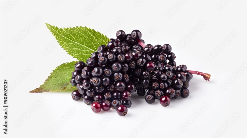 Fresh elderberries and halves arranged artistically on a white background. Focus on the deep purple color and tiny, shiny berries Fresh elderberries and halves arranged artistically on a white background. Focus on the deep purple color and tiny, shiny berries