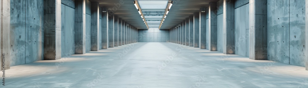 Long, empty corridor with rows of closed doors. Long, empty corridor with rows of closed doors.