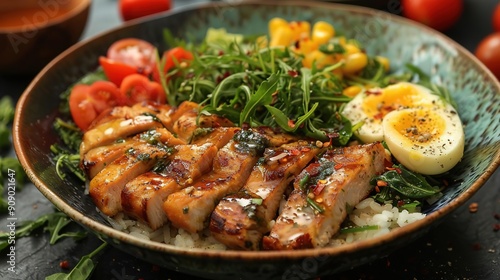 Grilled Chicken and Egg Salad Bowl with Corn, Tomatoes, and Rice - Realistic Food Image