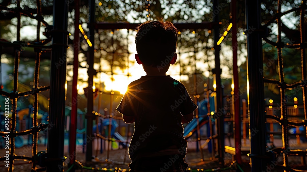Silhouette of a child playing, with a vibrant park scene and playground merging within Silhouette of a child playing, with a vibrant park scene and playground merging within