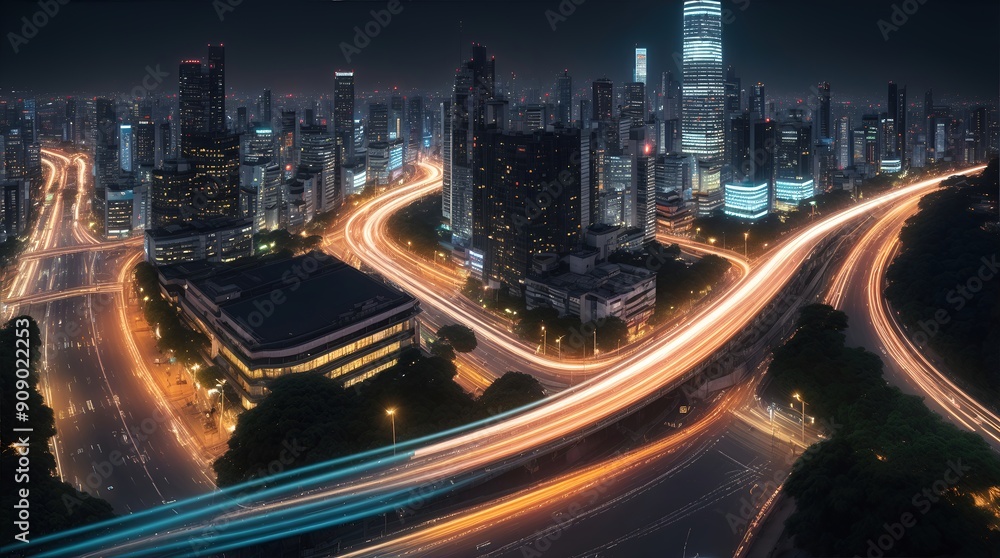 Light trails of vehicles on a highway in a metropolitan city at night Light trails of vehicles on a highway in a metropolitan city at night