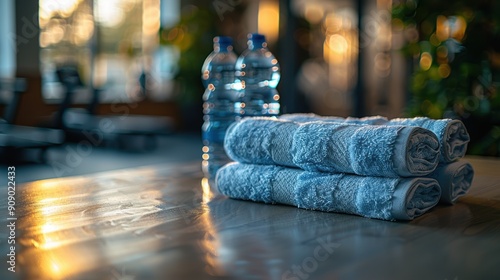 Roll of cleaning paper in a gym, placed on a counter next to water bottles and gym equipment.  photo