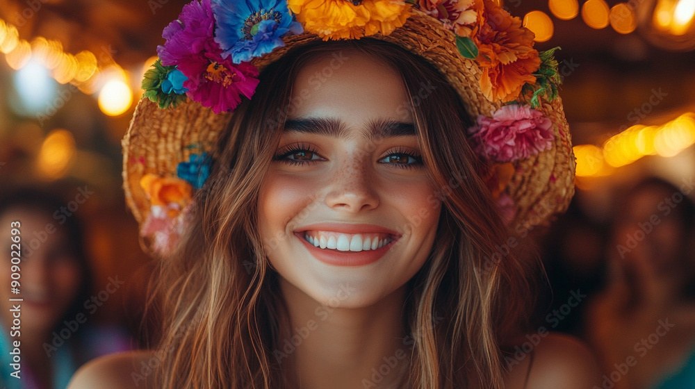 woman with a radiant smile, dressed in festive attire, exudes joy and celebration against a vibrant festival background, capturing the essence of happiness and festivity woman with a radiant smile, dressed in festive attire, exudes joy and celebration against a vibrant festival background, capturing the essence of happiness and festivity