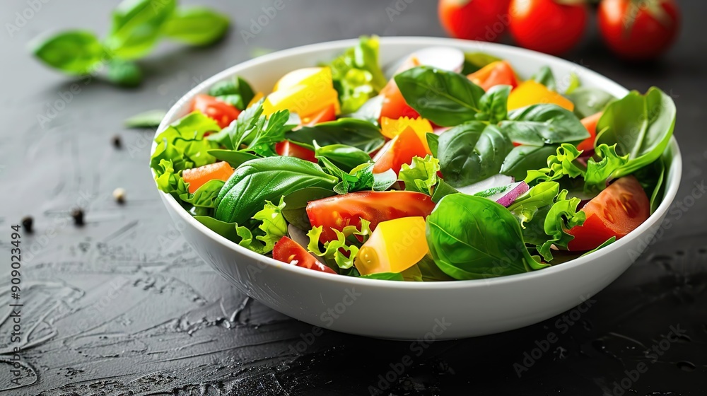 Fresh Green Salad with Tomatoes and Basil - Food Photography Fresh Green Salad with Tomatoes and Basil - Food Photography