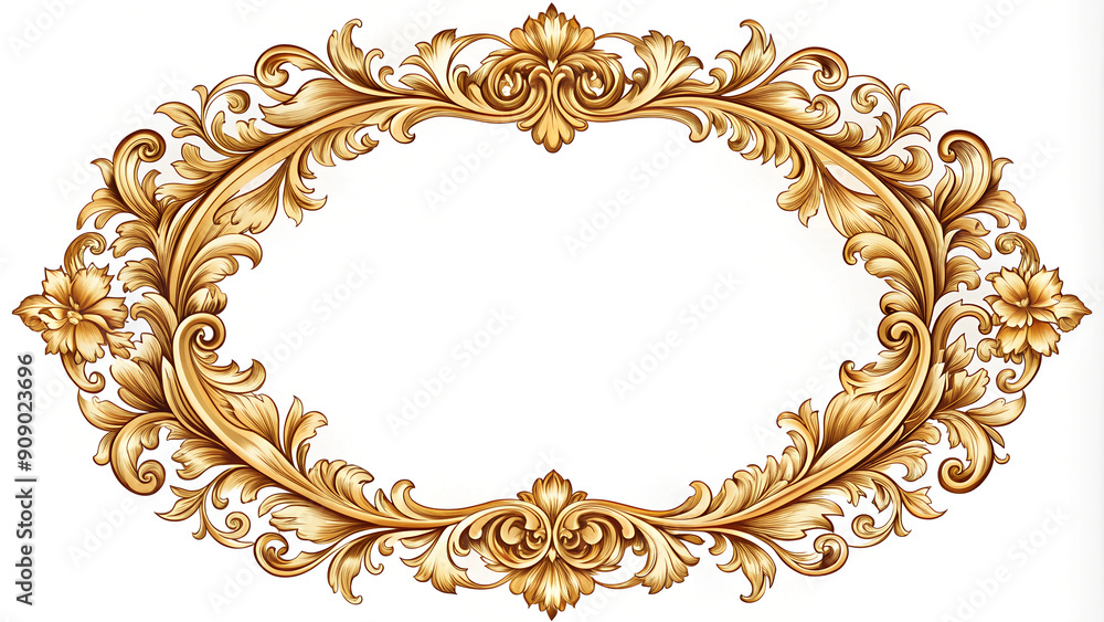Ornate Gold Frame with Floral Design on White Background, Baroque Style Ornate Gold Frame with Floral Design on White Background, Baroque Style
