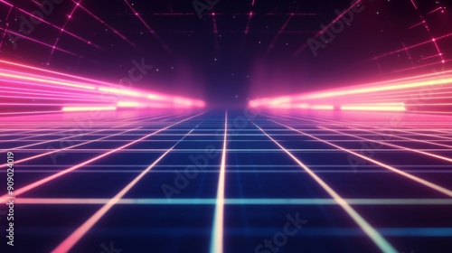 Neon Grid with Glowing Lines and Stars