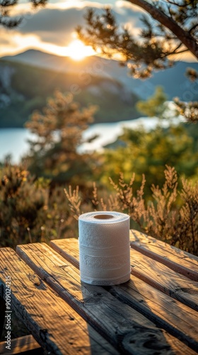 Roll of cleaning paper on a picnic table outdoors, with a scenic park or forest in the background. photo