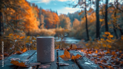 Roll of cleaning paper on a picnic table outdoors, with a scenic park or forest in the background. photo