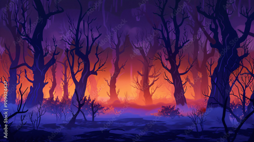 Spooky forest with twisted trees is glowing orange and purple at sunset Spooky forest with twisted trees is glowing orange and purple at sunset