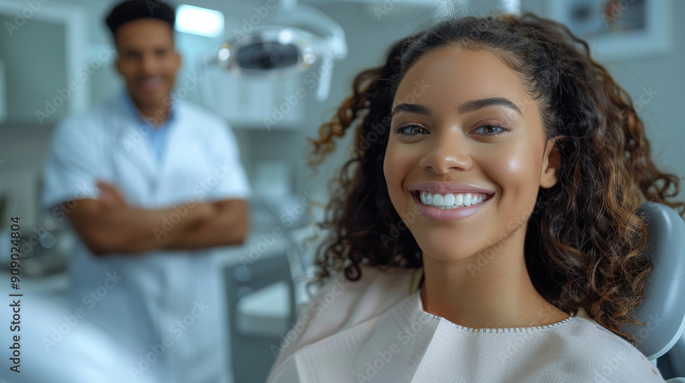 A woman is sitting in a dentist chair with a smile on her face